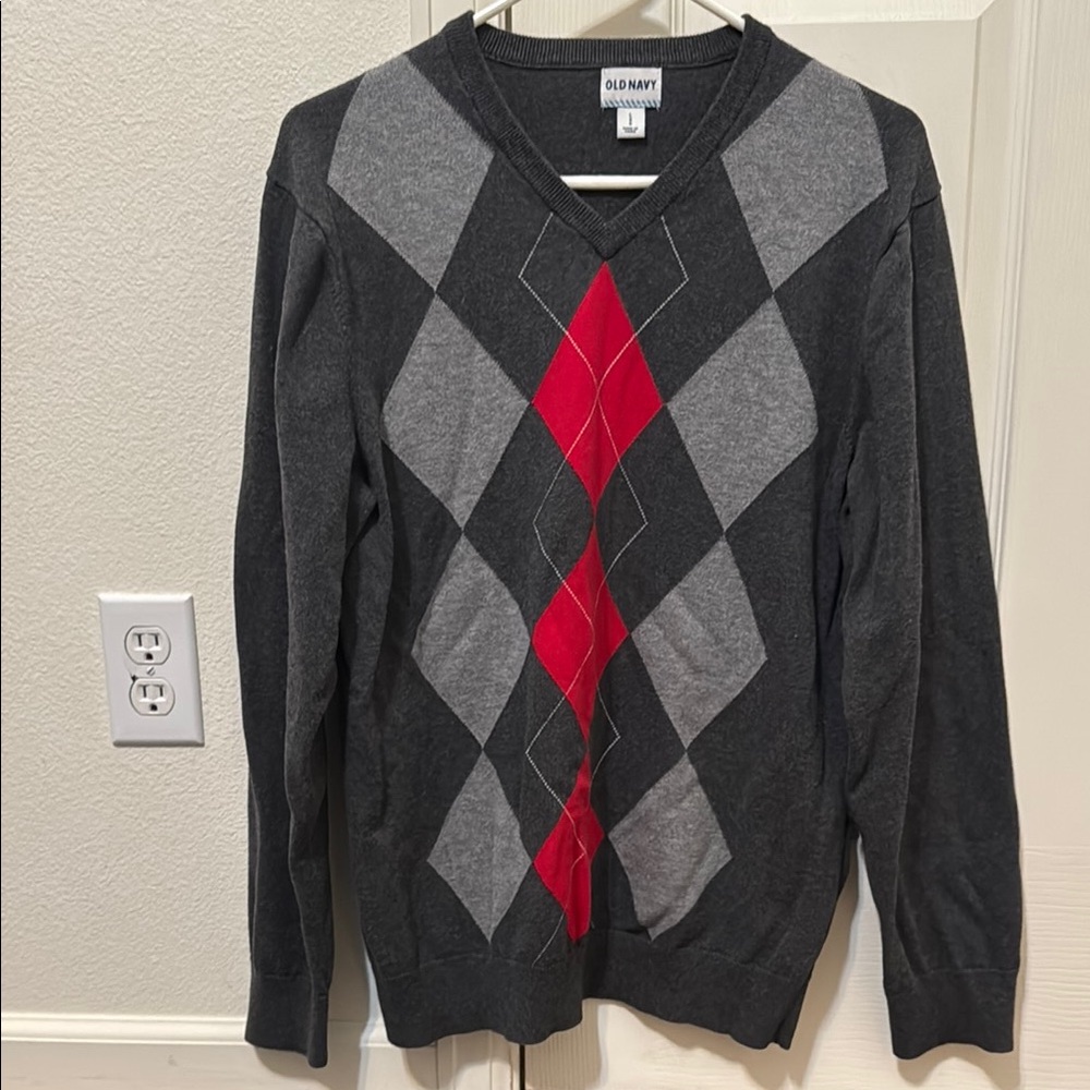 Old Navy Men's Argyle Sweater - Black, Gray, and Red